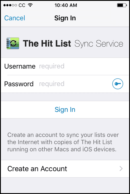 The Hit List for iPhone Sync Sign In